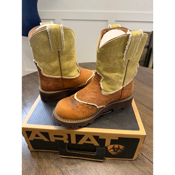 Ariat Womens Fatbaby Saddle Rust Distressed Ostrich Print Kiwi Cowboy Boots 7.5 - Picture 2 of 6